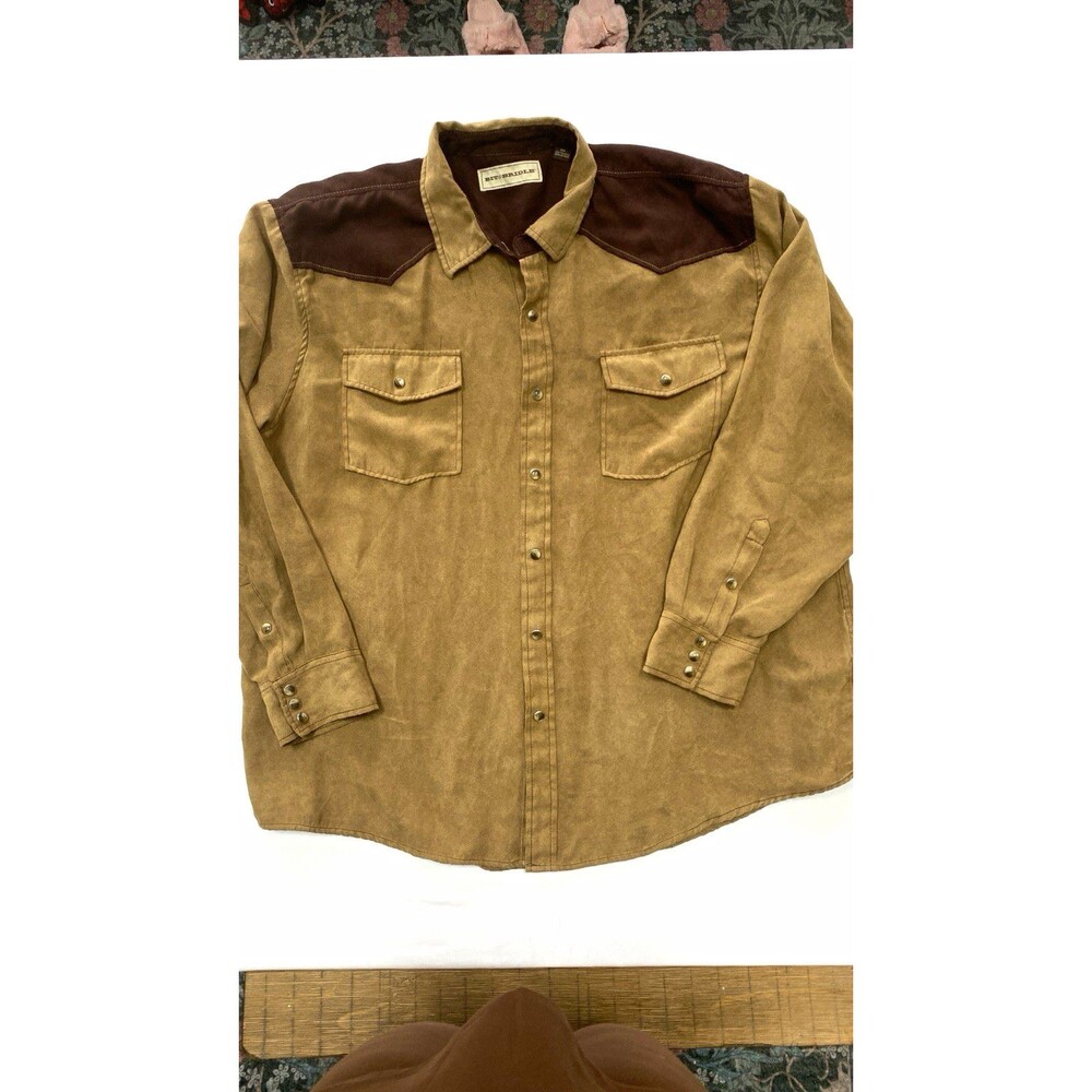 Bit & Bridle Men’s Brown Tan Solid Button-Up Shirt Long Sleeve Pockets
